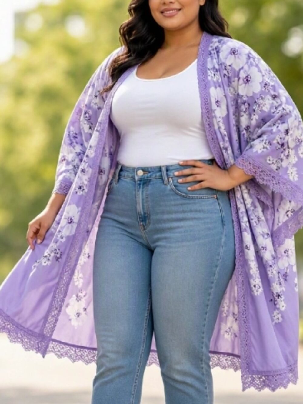 Flowy Lavender Lilac Floral Lace Trim Kimono Duster Plus 2XL Boho Beach Cover-Up